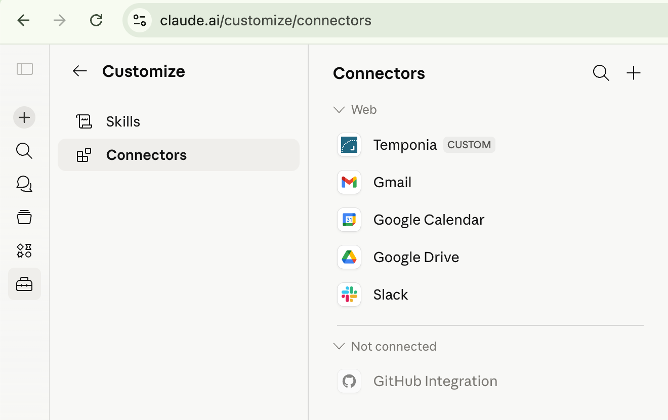 Claude.ai Customize panel open on the Connectors tab, with the Temponia custom connector listed alongside Gmail, Google Calendar, Google Drive, and Slack