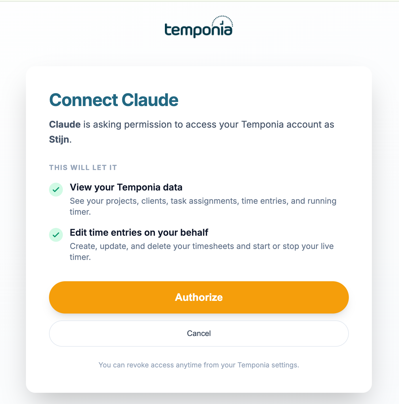 Temponia OAuth authorization screen for Claude listing two permissions: view your Temponia data and edit time entries on your behalf, with an orange Authorize button