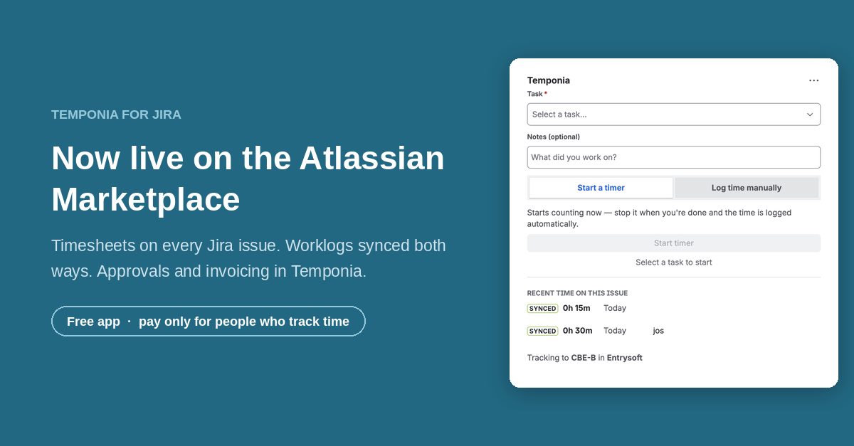 Temponia for Jira is live: timesheets on every Jira issue