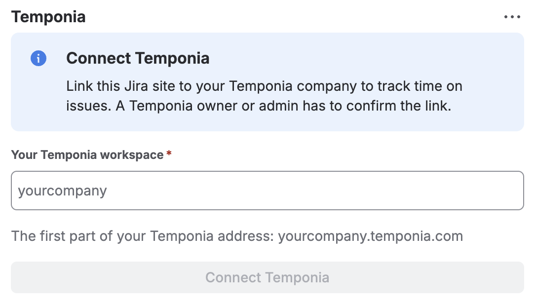 The Temponia panel asking for the workspace name, with a Connect Temponia button