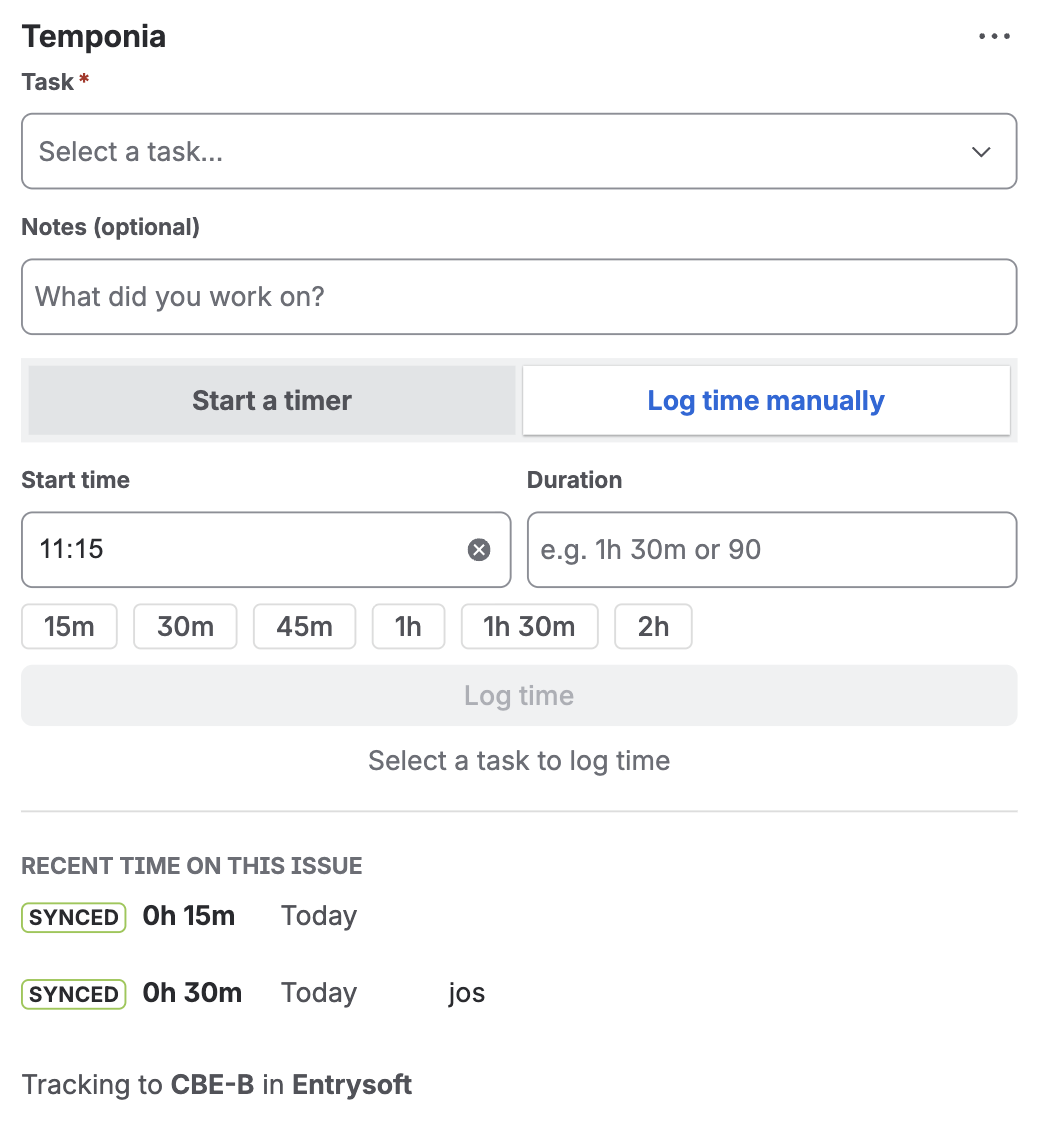 The Temponia panel in manual mode with a prefilled start time, duration field and preset buttons