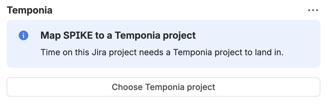 The Temponia panel prompting to map the Jira project to a Temponia project