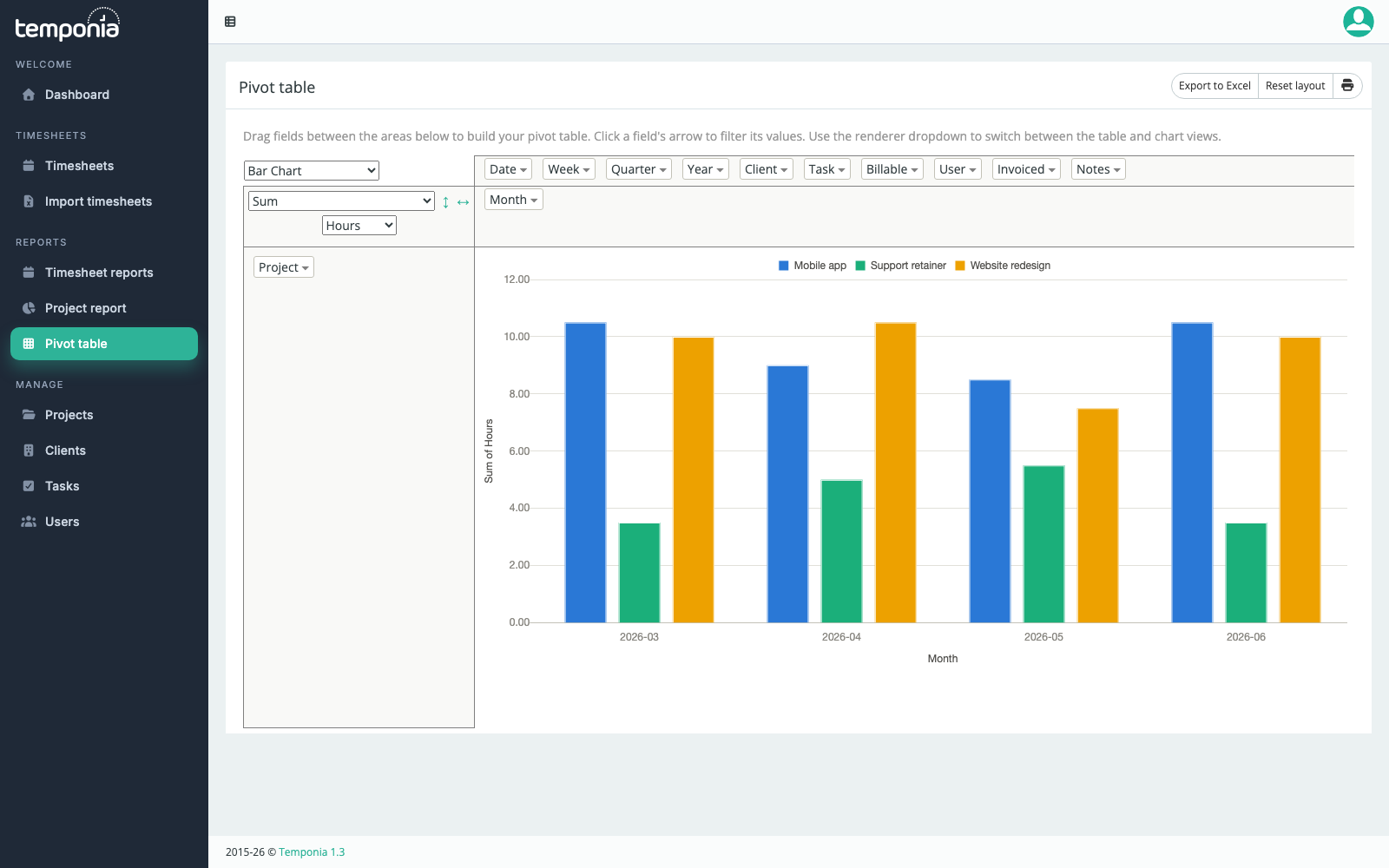 New in Temponia: pivot table reports and a faster week view