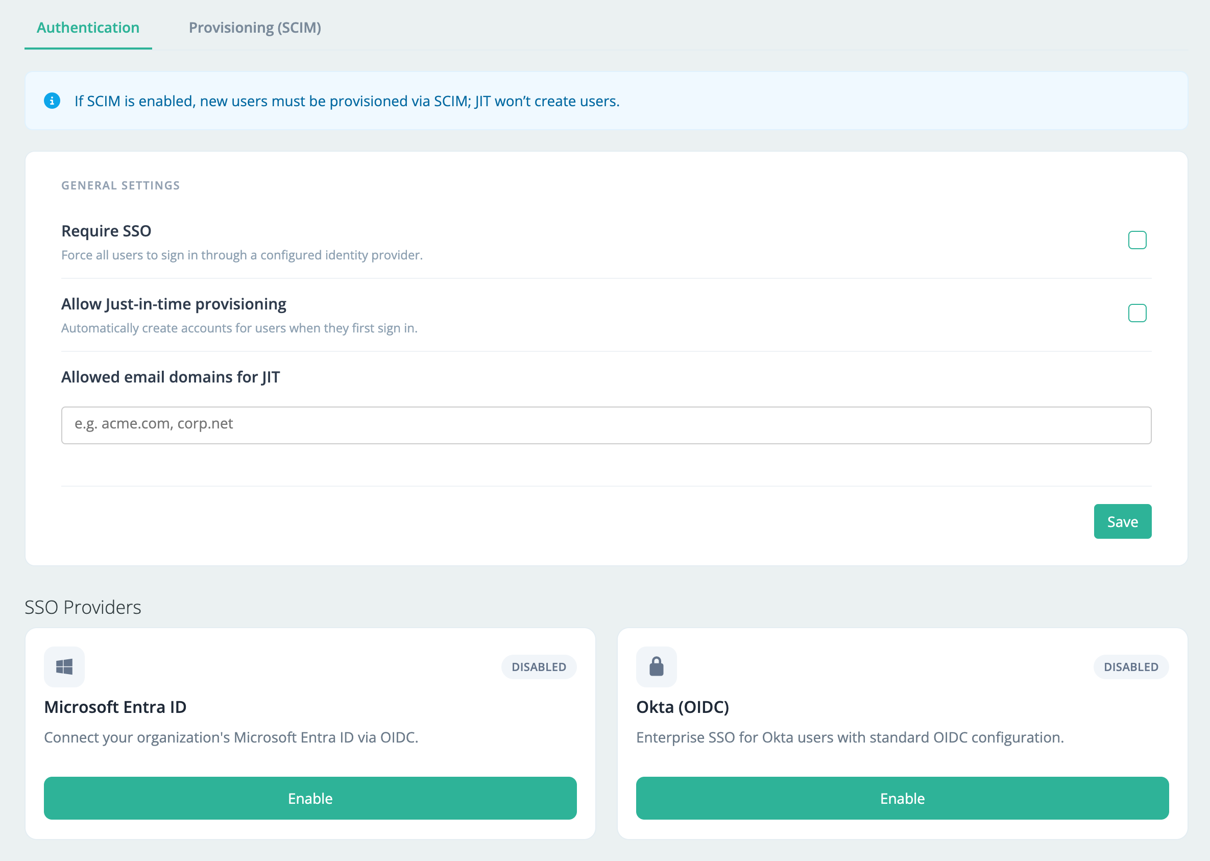 Temponia enterprise security settings with SSO and SCIM options